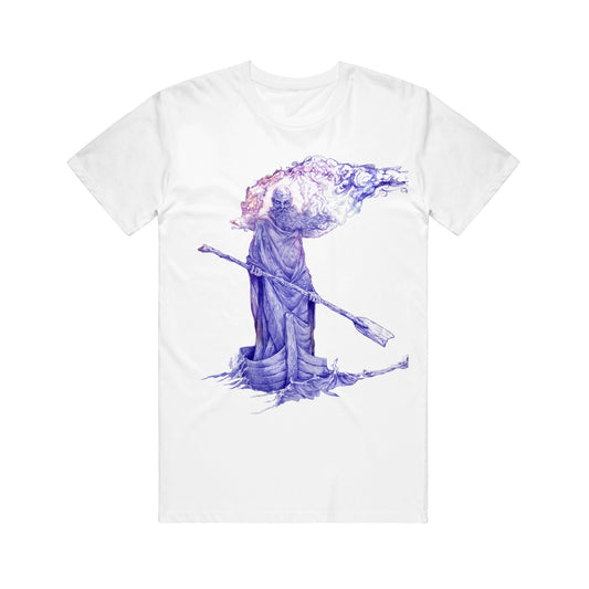 image of a white tee shirt on a white background. tee has full body print of the greek minor god Charon standing in a boat holding an oar
