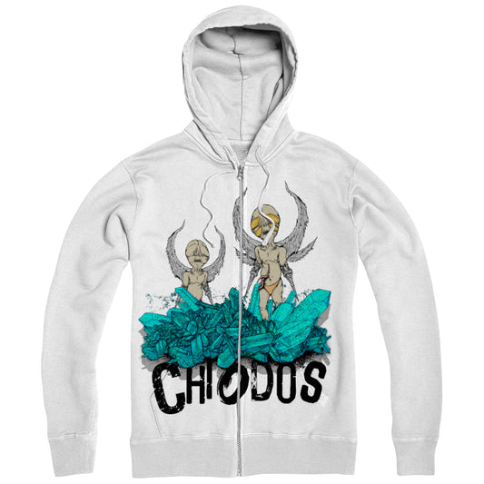 image of a white zip up hoodie on a white background. hoodie has full body print of two angels on top of teal crystals. at the bottom says chiodos