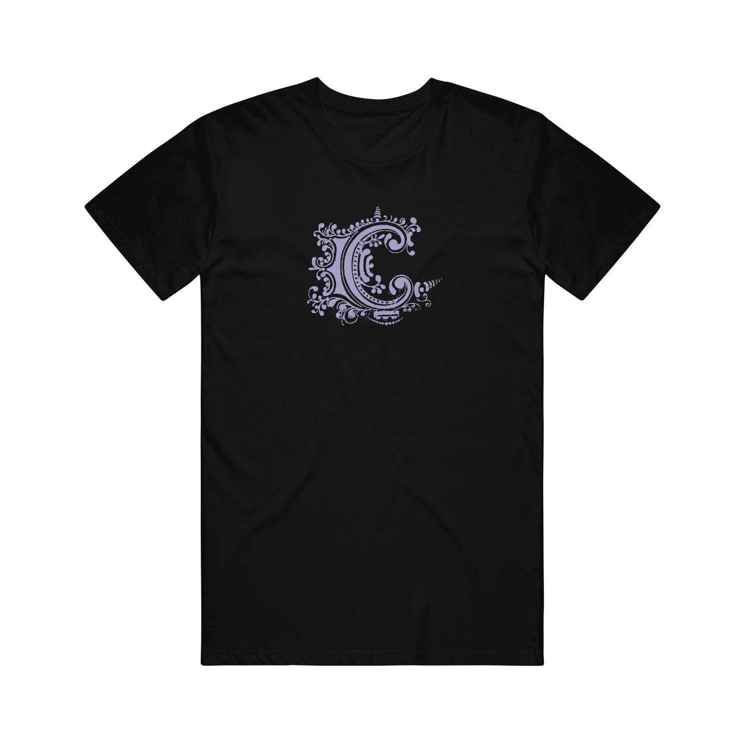 image of the front of a black tee shirt on a white background. center chest print in purple of chiodos' C logo