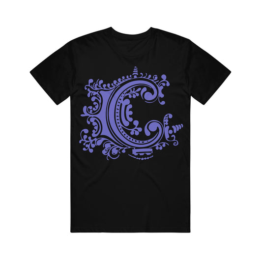 image of a black tee shirt on a white background. tee has full chest print in purple of the letter C
