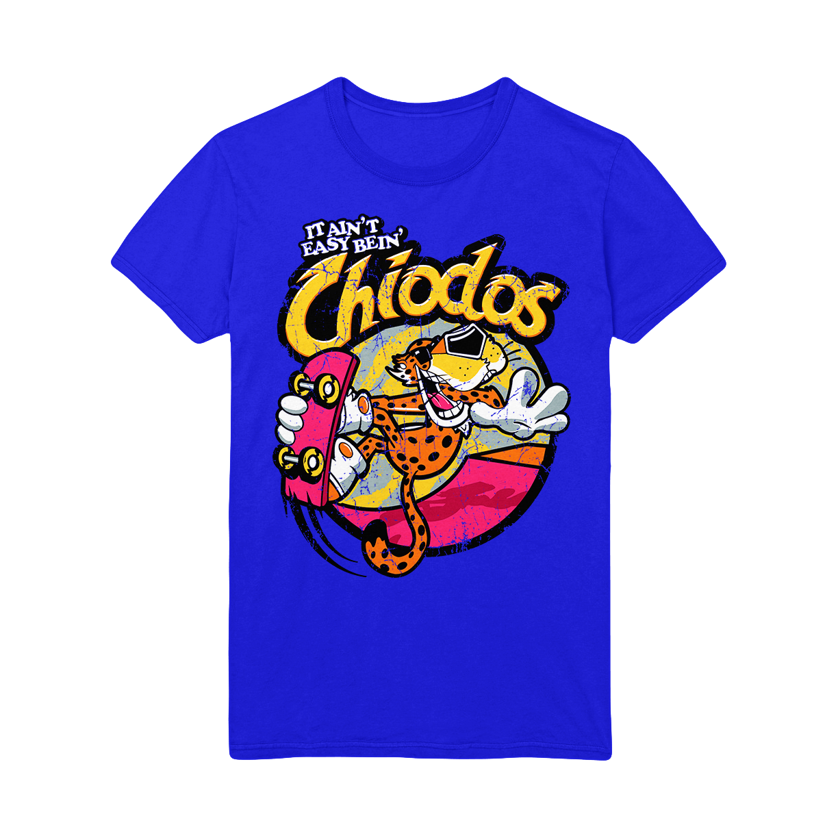 image of a royal blue tee shirt on a white background. front of tee has center print that says it ain't easy bein' chiodos. an image of a the cheetos cheetah mascot on a skateboard is in the center