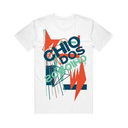 image of a white tee shirt on a white background. tee has full body print in 80's style that says chiodos a couple times with diamond outlines and lightning bolts