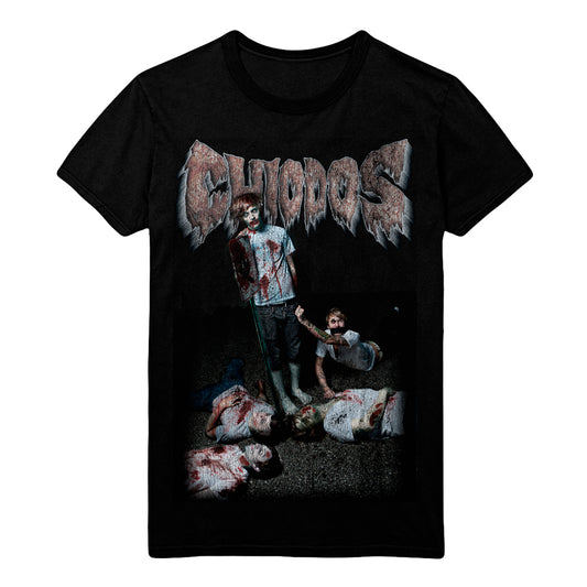 image of a black tee shirt on a white background. tee has full body print of the members of the band Chiodos all bloody and zombie like. across the chest says chiodos