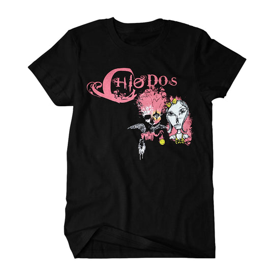image of a black tee shirt on a white background. tee has center chest print that says chiodos and then two faces, one is a skull with wings