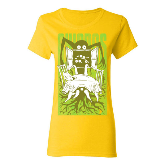 image of ladies yellow tee shirt on a white background. tee has full body print of tree monster looking though a window at a kitchen table,. in green behind the monster says chiodos