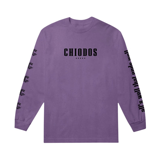 image of a violet long sleeve tee shirt on a white background. small center chest print in black that says chiodos. left sleeve has the C logo. the right sleeve has a black print that says All's Well That Ends Well 