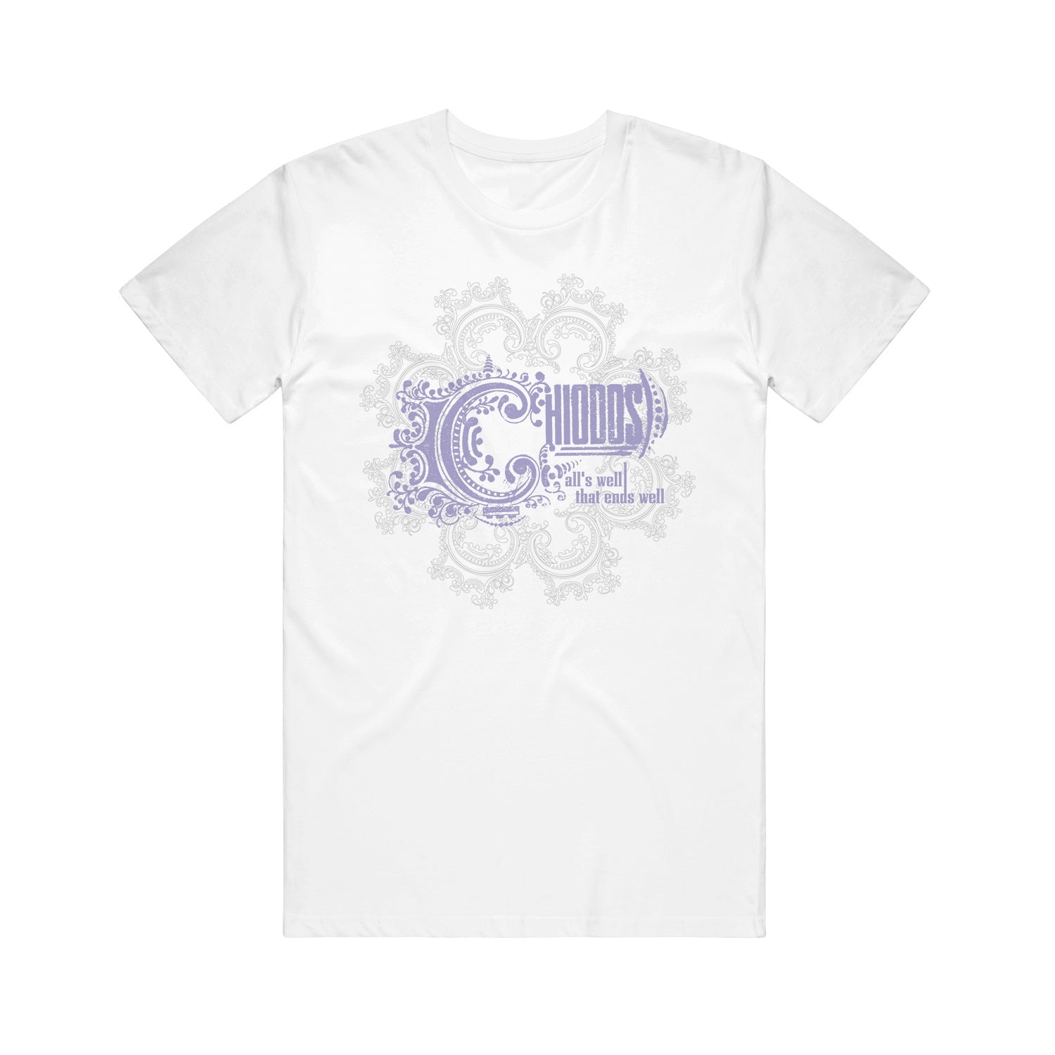 image of a white tee shirt on a white background. tee has center print in grey and purple that says Chiodos All's Well That Ends Well  