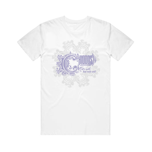 image of a white tee shirt on a white background. tee has center print in grey and purple that says Chiodos All's Well That Ends Well  