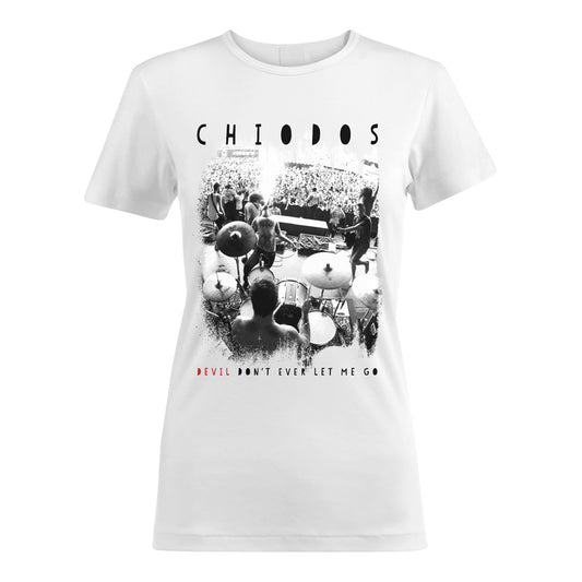 image of a ladies white tee shirt on a white background. tee has center print of a live photo shot from the back of a stage showing the band playing an outside concert. at the top says chiodos, and below the picture says devil don't ever let me go