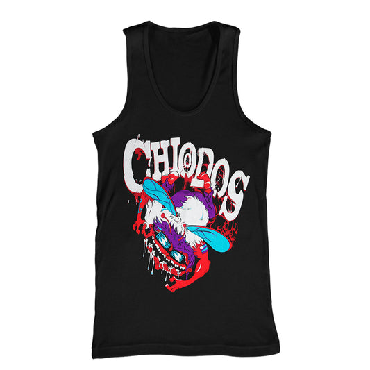 image of a black tank top on a white background. tank has full print of a bug man wearing sunglasses. at the top says chiodos