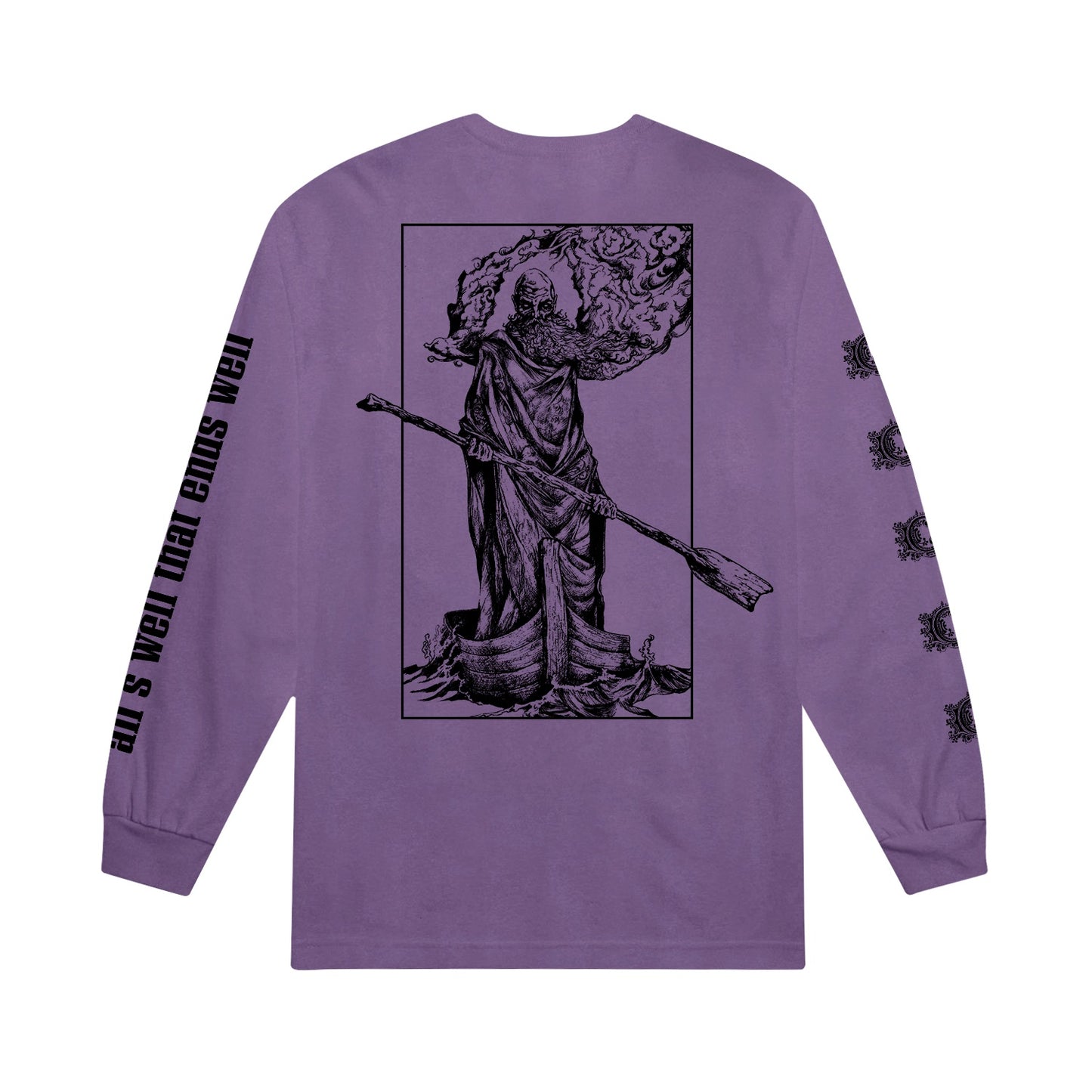 image of the back of a violet long sleeve tee shirt. there is a full print in black of bearded man in a cloak standing in a boat with an oar. 