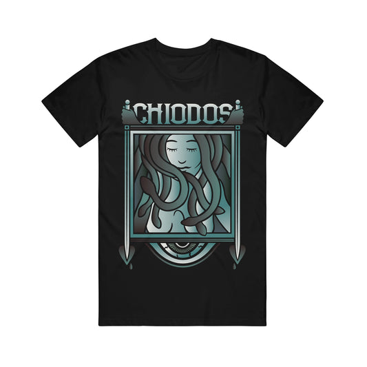 image of a black tee shirt on a white background. tee has full body print of medusa's head in a rectangle. at the top says chiodos