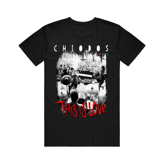 image of a black tee shirt on a white background. tee has center print of a live photo shot from the back of a stage showing the band playing an outside concert. at the top says chiodos, and below the picture says this is love
