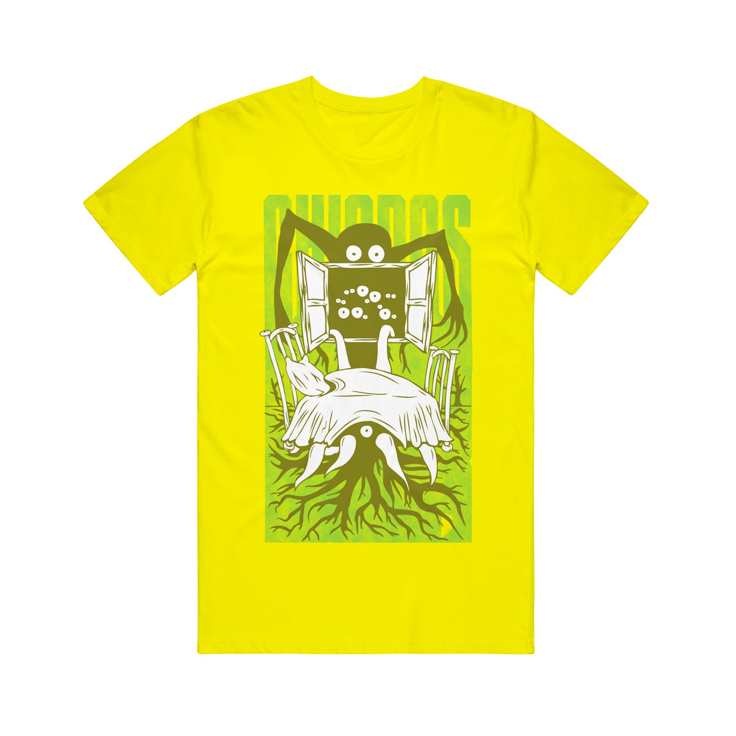image of a yellow tee shirt on a white background. tee has full body print of tree monster looking though a window at a kitchen table,. in green behind the monster says chiodos
